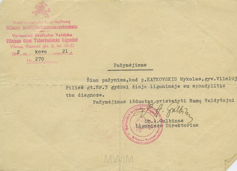 KKE 5455.jpg - (litewski) Dok. Zaświadczenie ze szpitala w Wilnie dotyczące diagnozy kręgosłupa Michała Katkowskiego, Wilno, 21 III 1942 r.